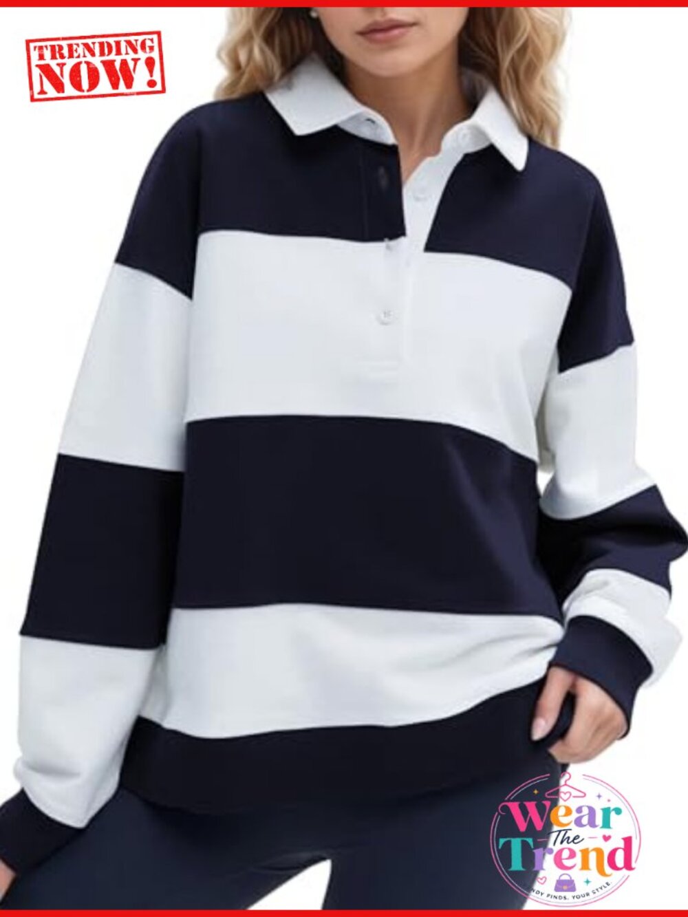 Striped Color Block Polo Sweatshirt Oversized Rugby Shirt Long Sleeve Collared